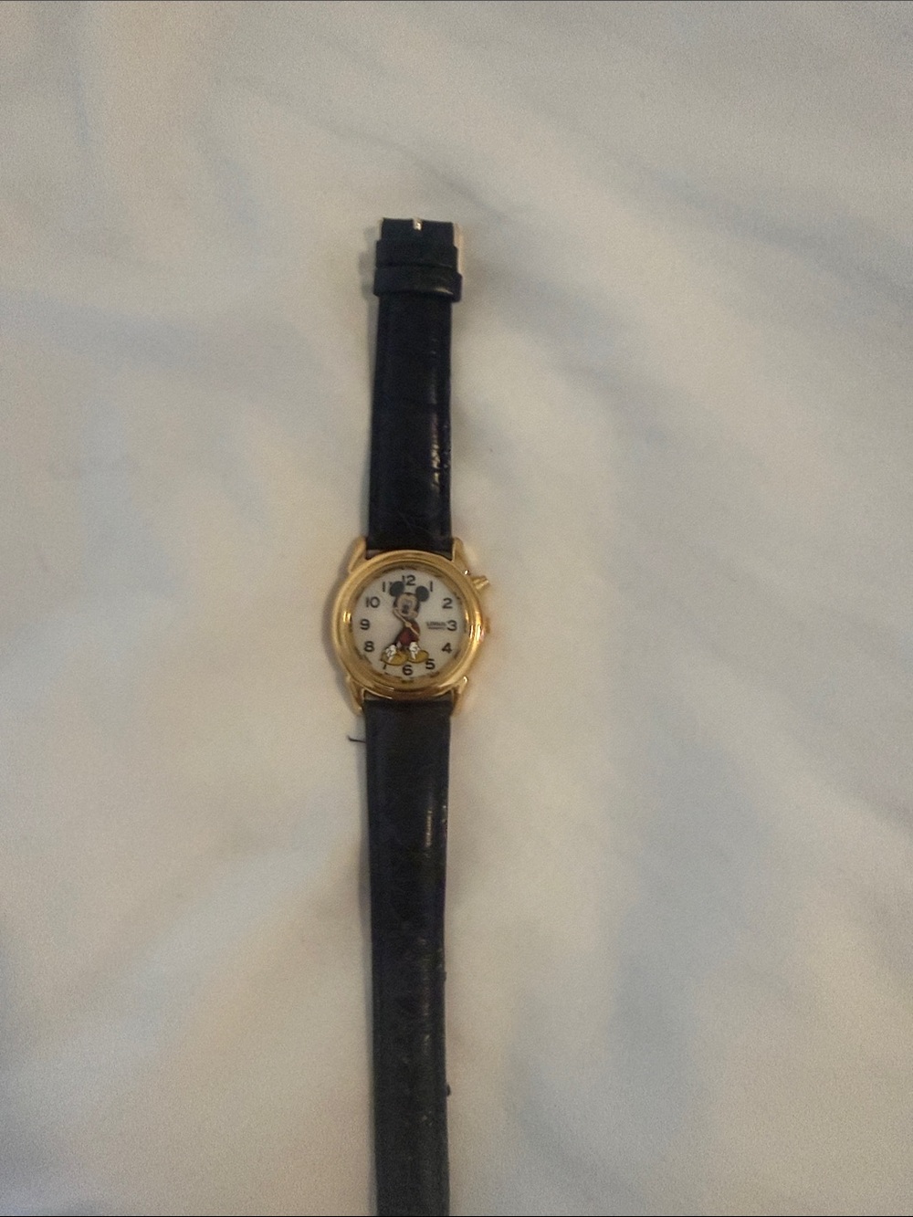 Gold-Tone Mickey Mouse Leather Strap Watch - Black